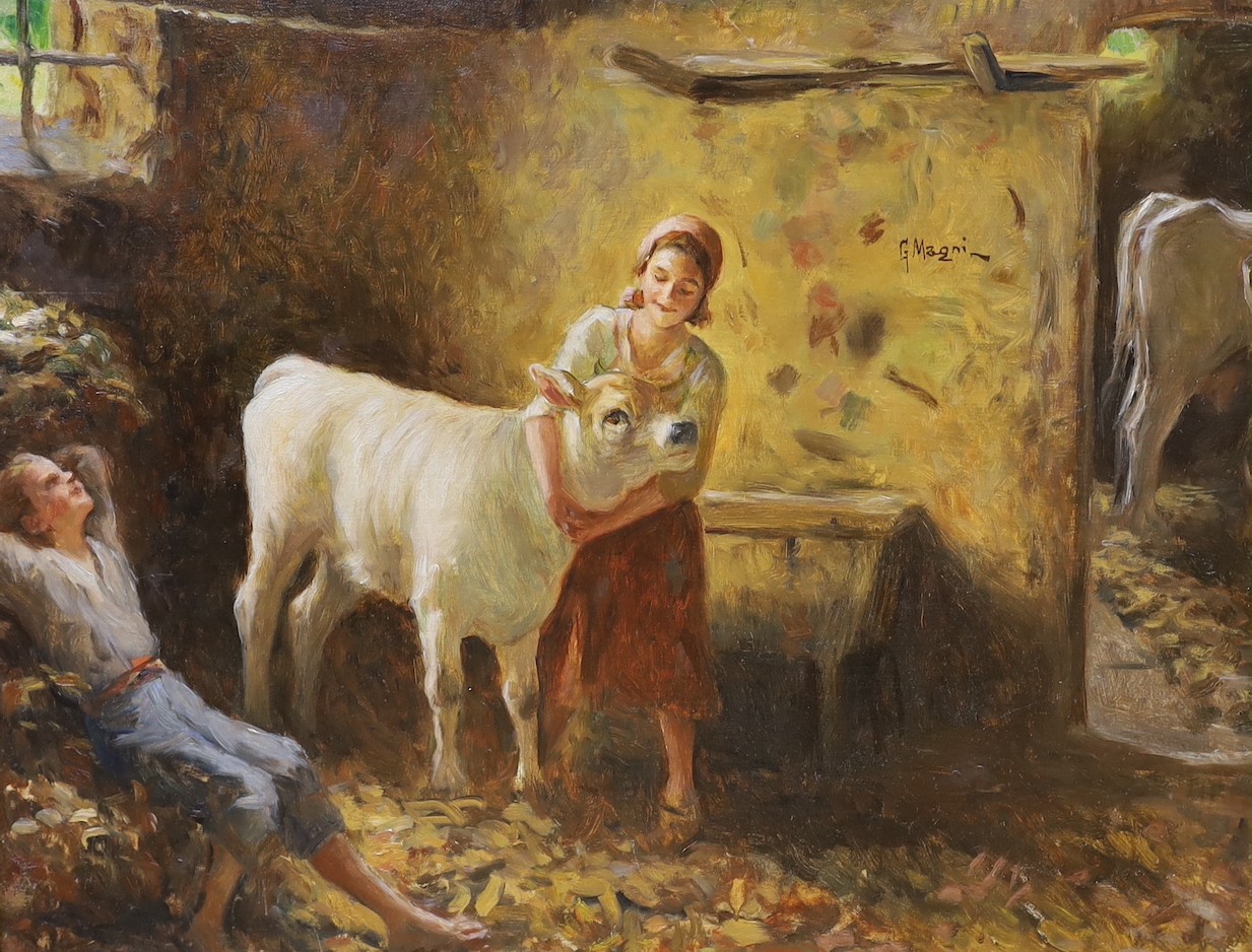 Giuseppe Magni (1869-1956), oil on canvas, farmyard interior with figures and cattle, signed, 49 x 64cm